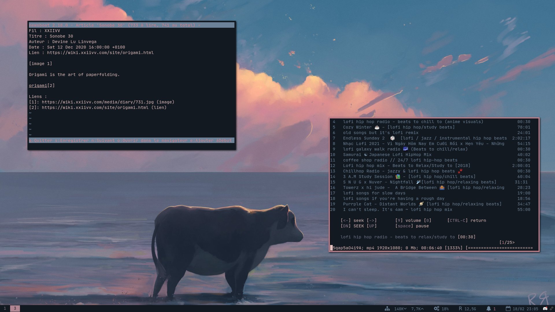 The i3 window manager featuring the terminal RSS reader newsboat and the terminal music player MPSYT