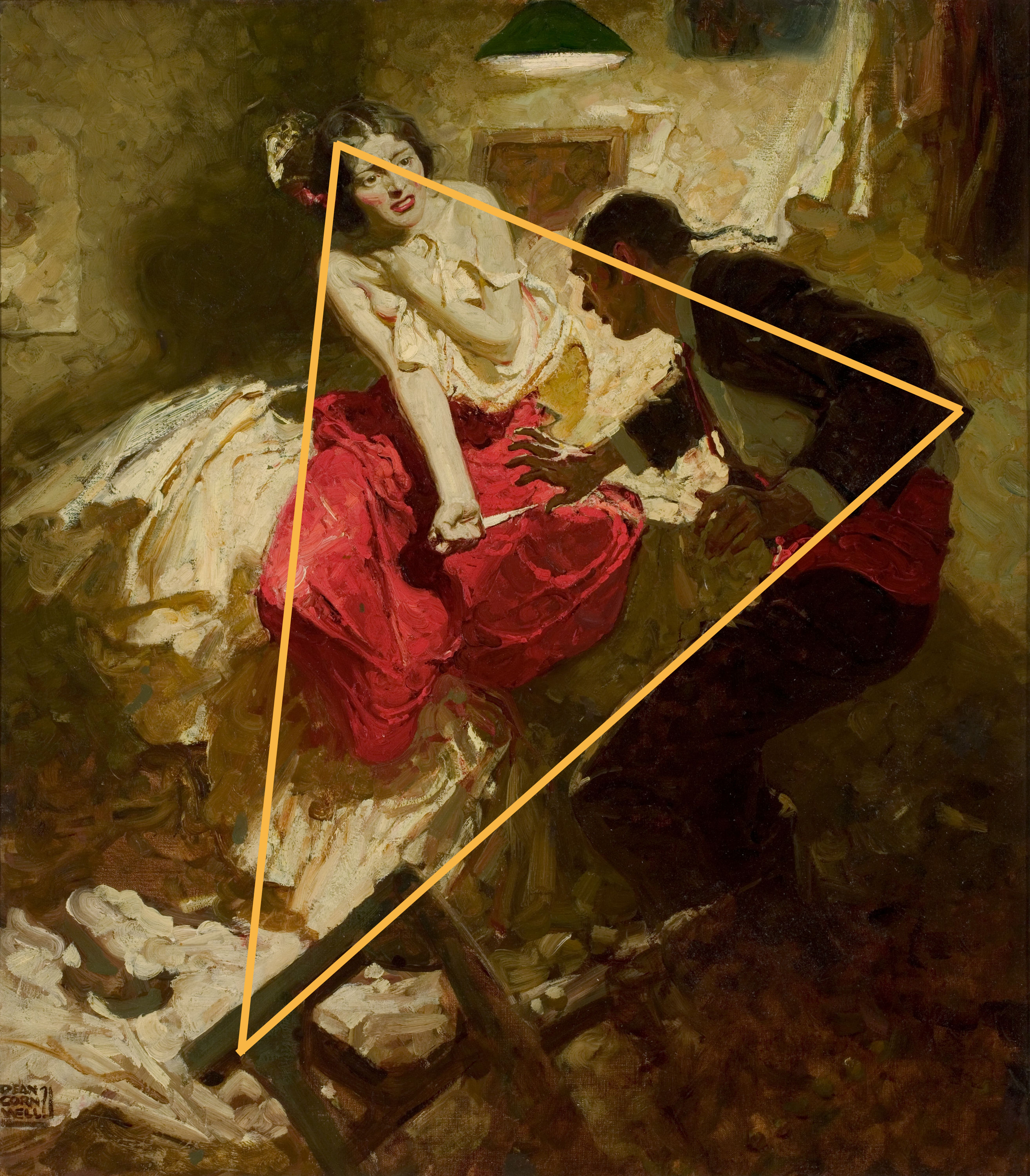A painting by Dean Cornwell showing a woman with a knife defending herself against a man.