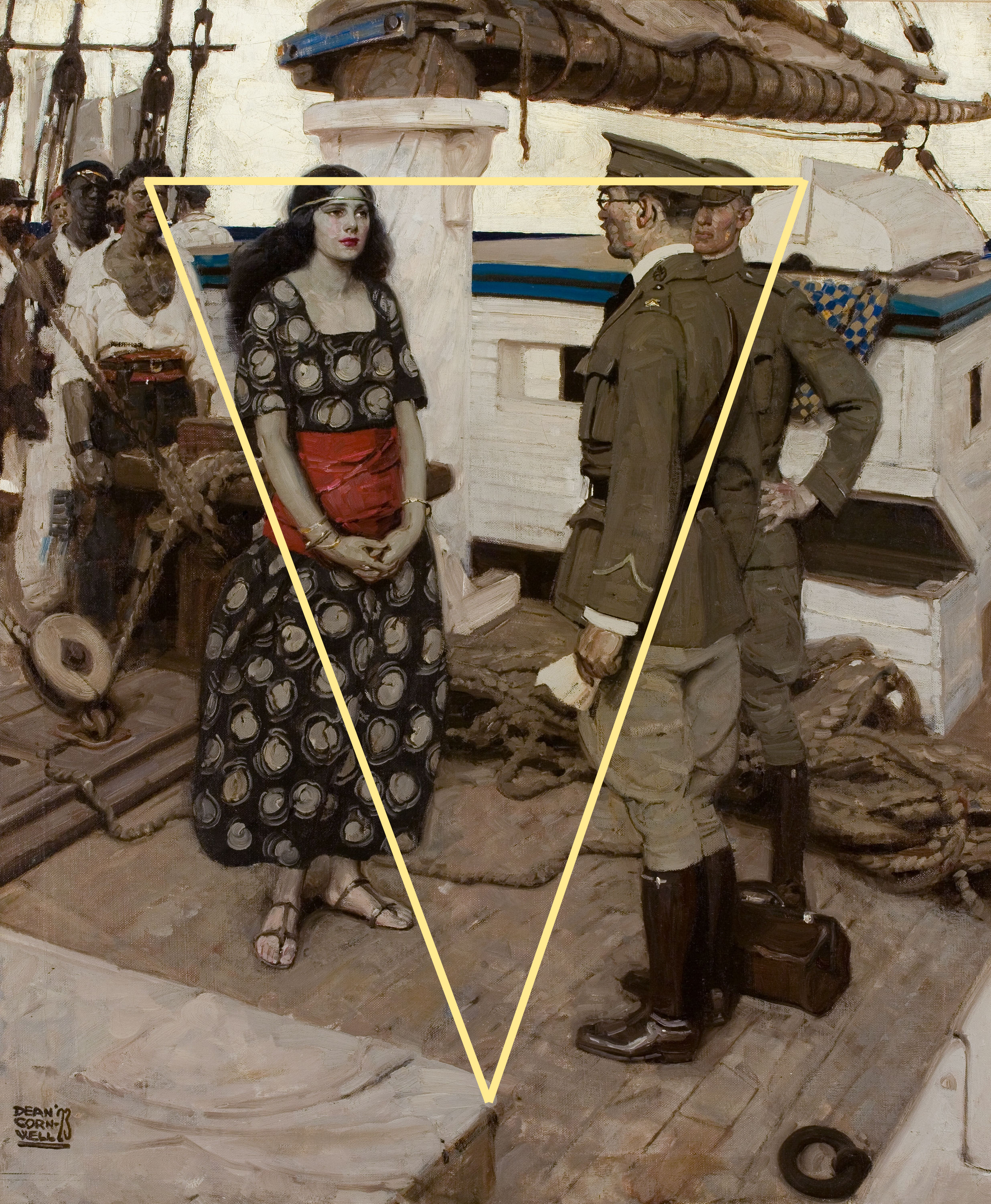 A painting by Dean Cornwell showing a woman being interrogated by what seems to be two officers.