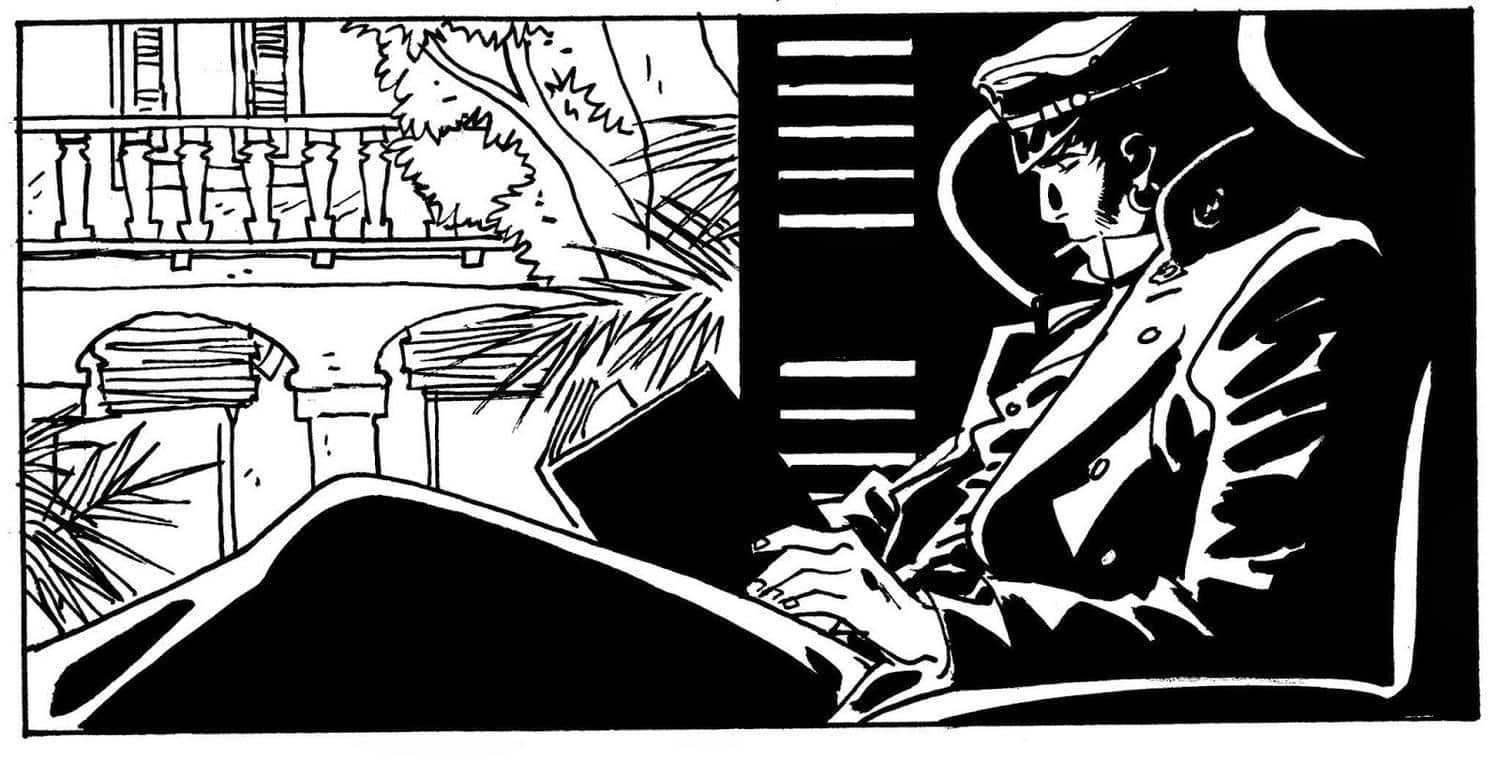 The sailor Corto Maltese reading in a sofa. In the background, palms and arches suggest a Caribbean location.