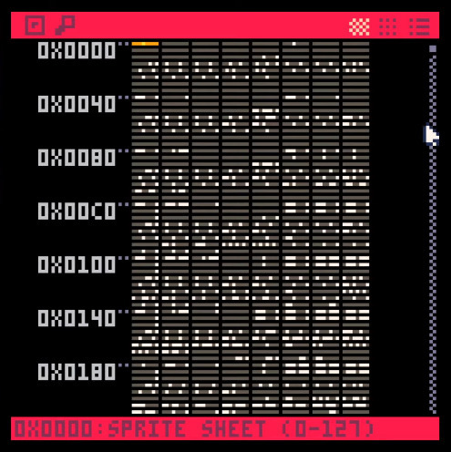 A visualization of the bits that compose the memory of the fake game console Pico8.