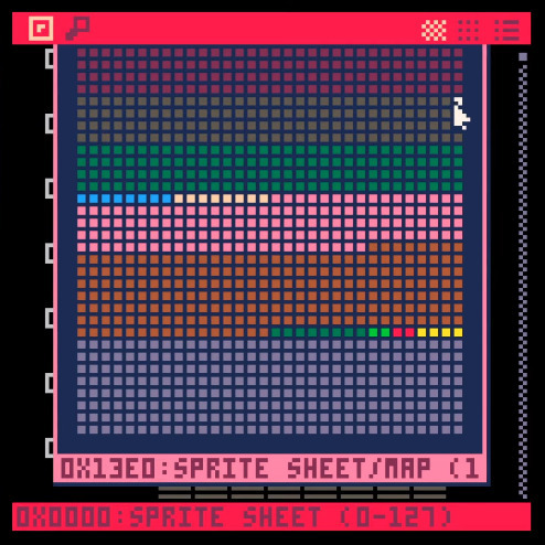 In different colors the different parts of the memory of Pico8 associated with different tasks like screen and sound.