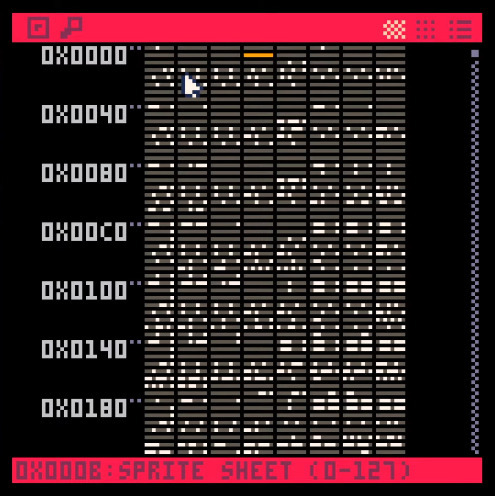 A byte made of 8 bits in orange in Pico8 as well as its address at the bottom left of the image.