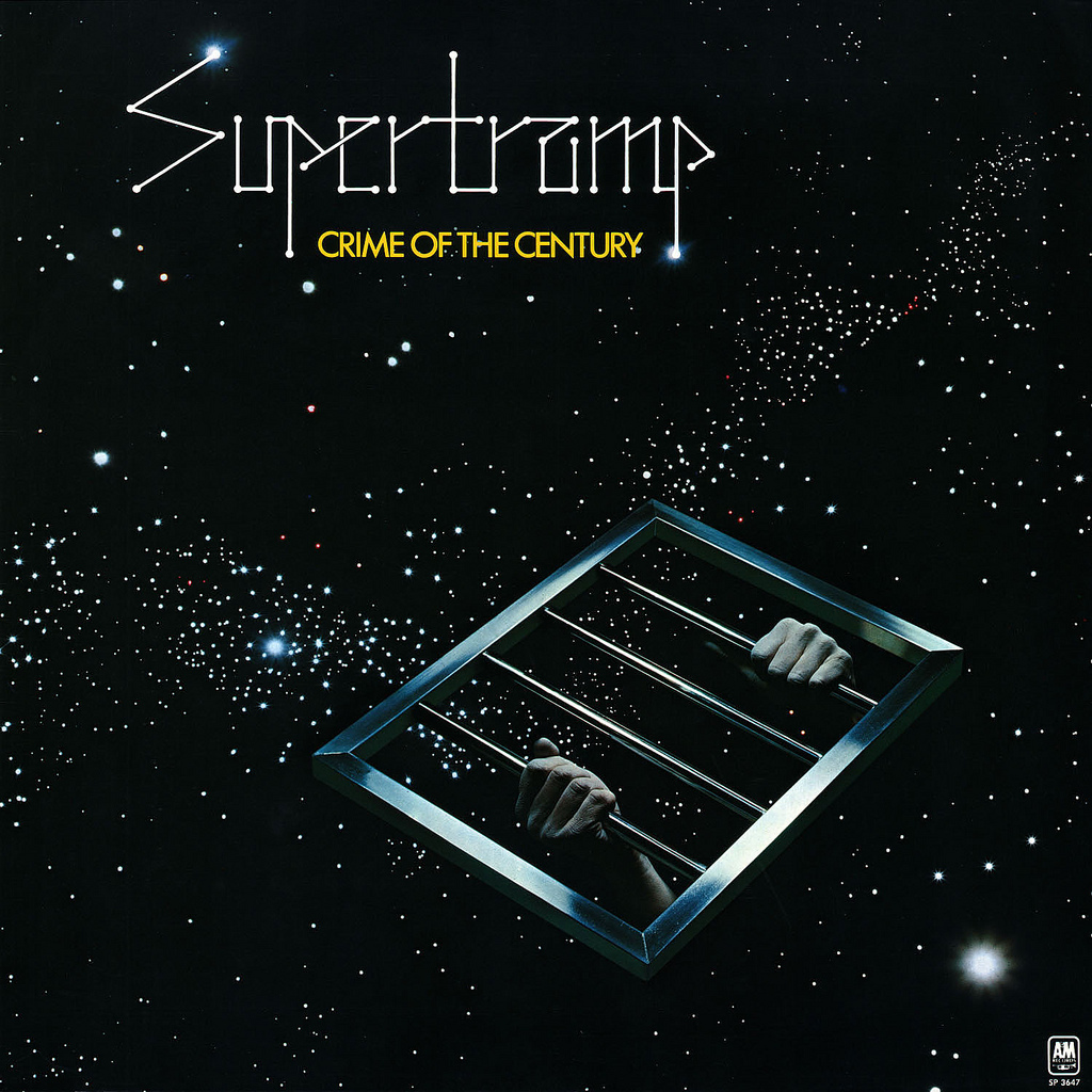 The cover of Supertramp album Crime of the Century. In space, two hands are holding prison bars as if they wanted to escape.